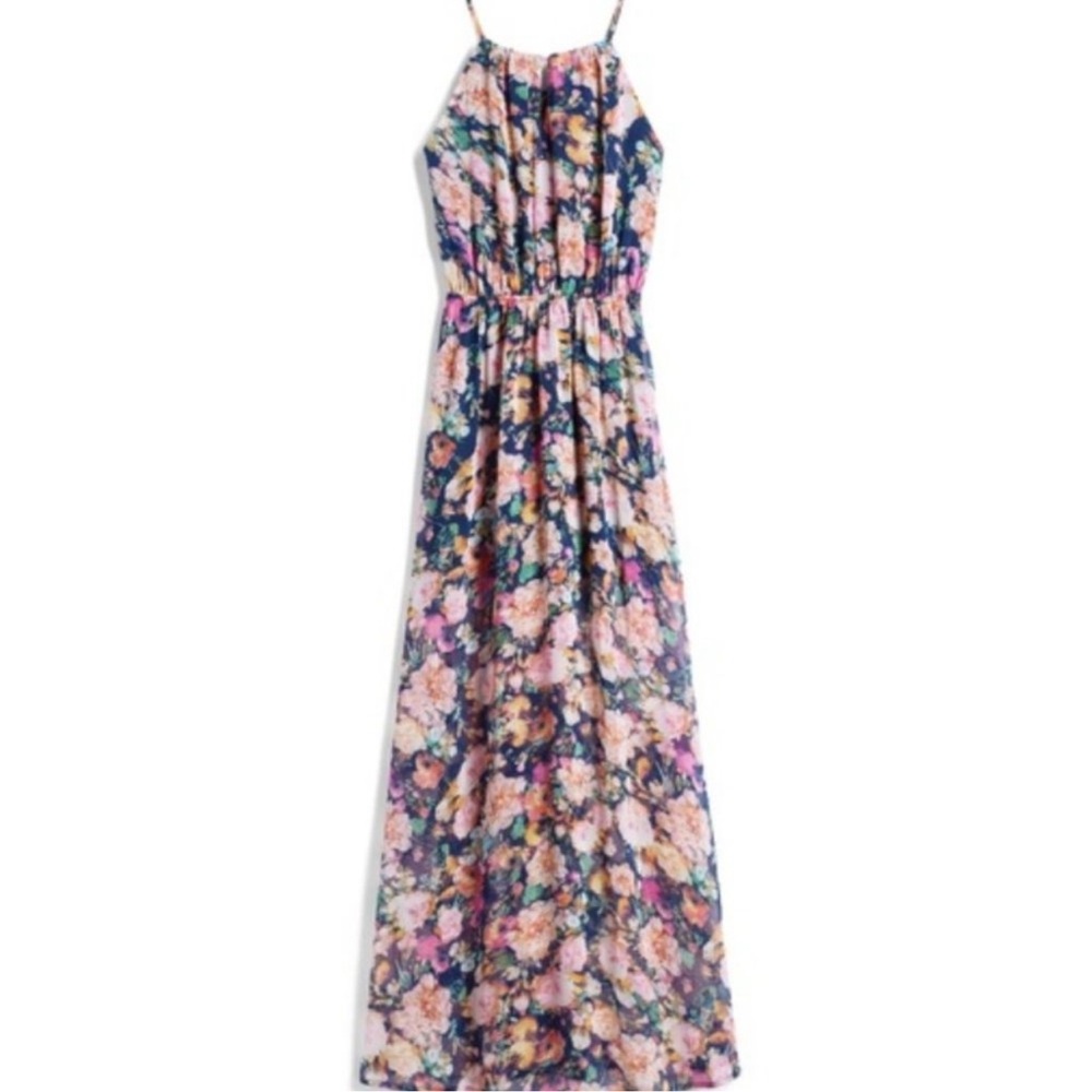 Fate Womens Dress Maxi Floral Halter Keyhole Elastic Waist Navy Blue Pink Sz S